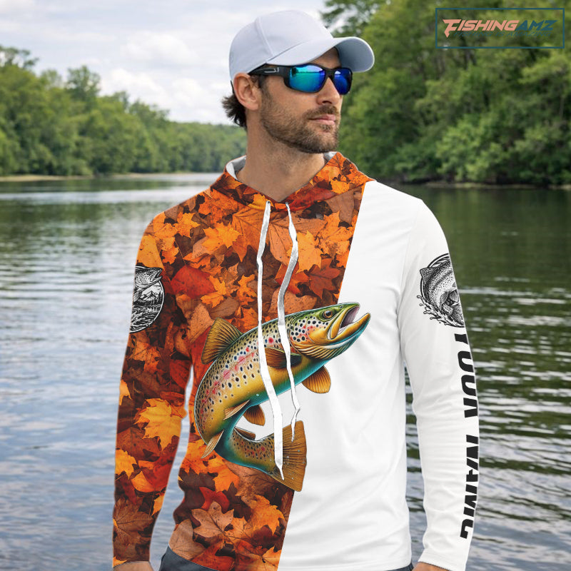 Autumn Brown Trout Hooded Fishing Shirt For Men, Fall Trout Long Sleeve Fishing Jersey NHT1760