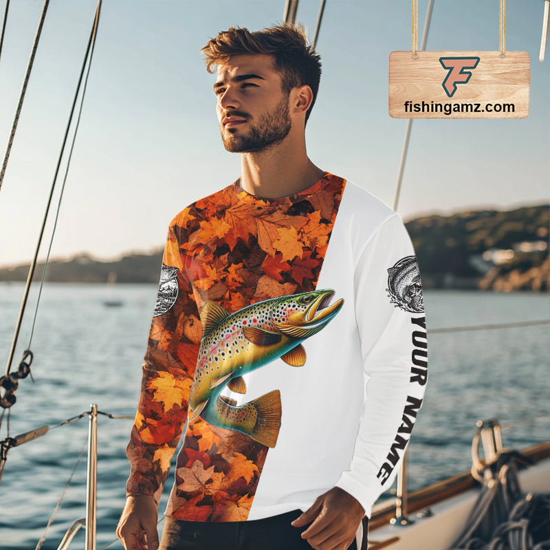 Autumn Brown Trout Fishing Shirt For Men, Fall Trout Long Sleeve Fishing Jersey NHT1760