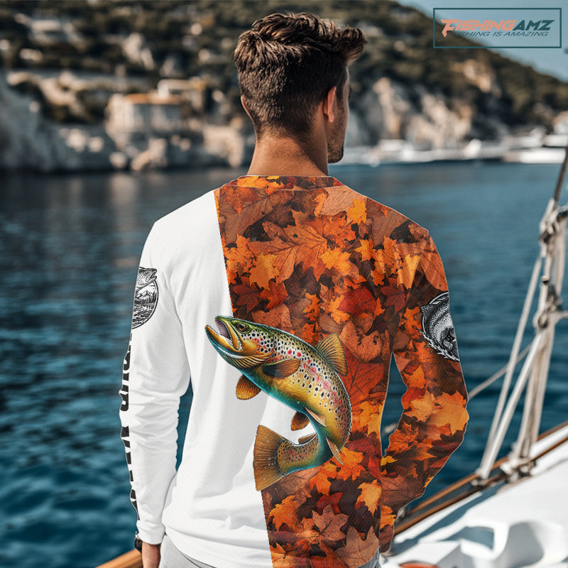 Autumn Brown Trout Fishing Shirt For Men, Fall Trout Long Sleeve Fishing Jersey NHT1760