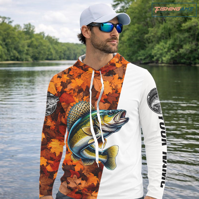 Autumn Walleye Hooded Fishing Shirt For Men, Fall Walleye Long Sleeve Fishing Jersey NHT1761