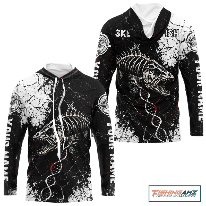 Skeleton Fish Long Sleeve Hooded Shirt DNA Helix Graphic Fishing Lover 3D Print Angler Gift Apparel