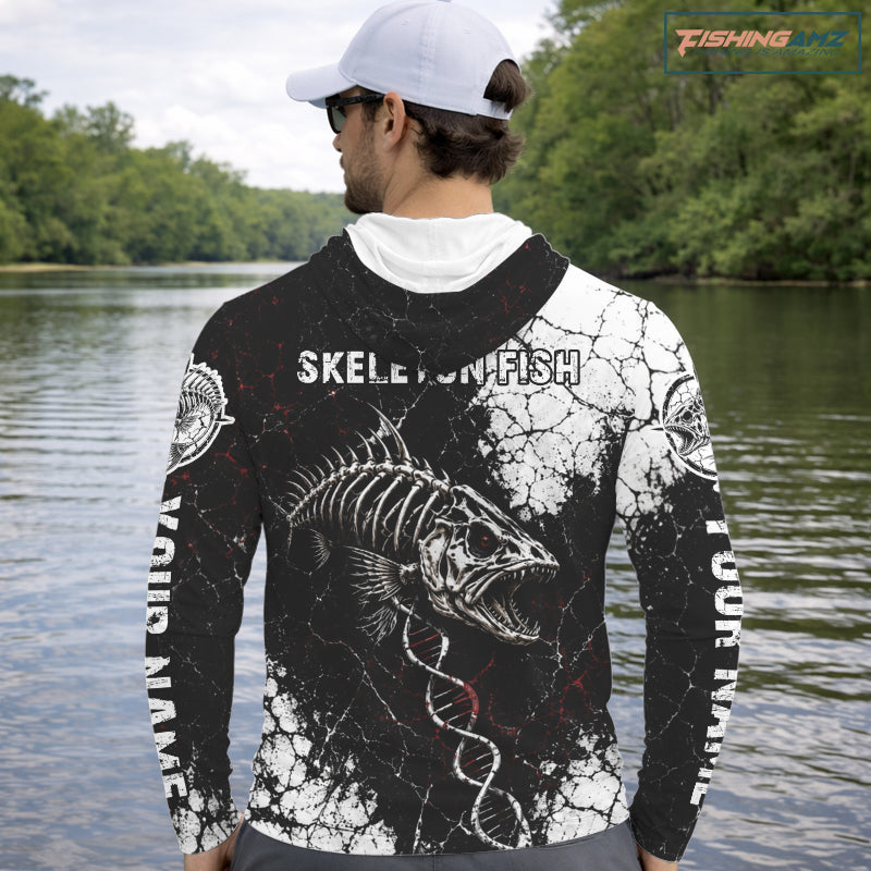 Skeleton Fish Long Sleeve Hooded Shirt DNA Helix Graphic Fishing Lover 3D Print Angler Gift Apparel