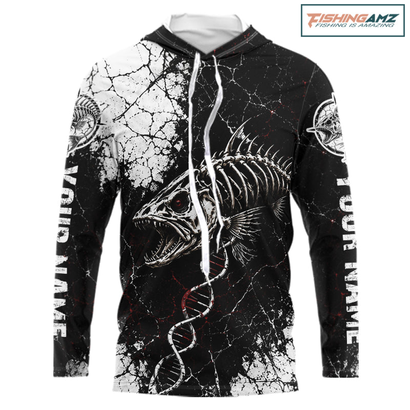 Skeleton Fish Long Sleeve Hooded Shirt DNA Helix Graphic Fishing Lover 3D Print Angler Gift Apparel