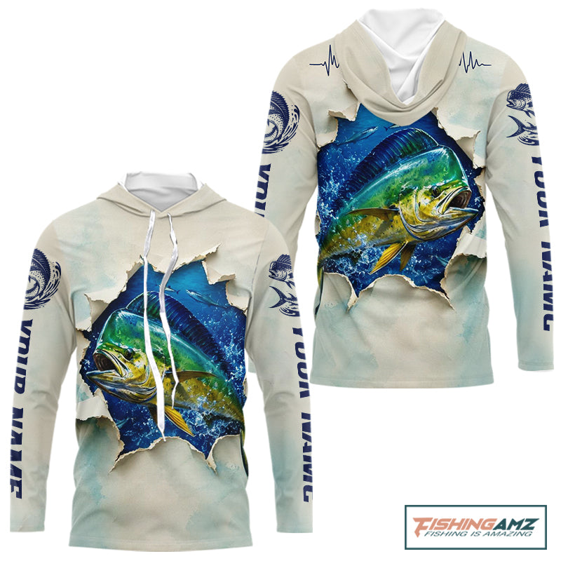 Mahi Mahi Fishing Long Sleeve Hooded Shirt 3D Ocean Fish Graphic Angler Gift For Fishing Lovers