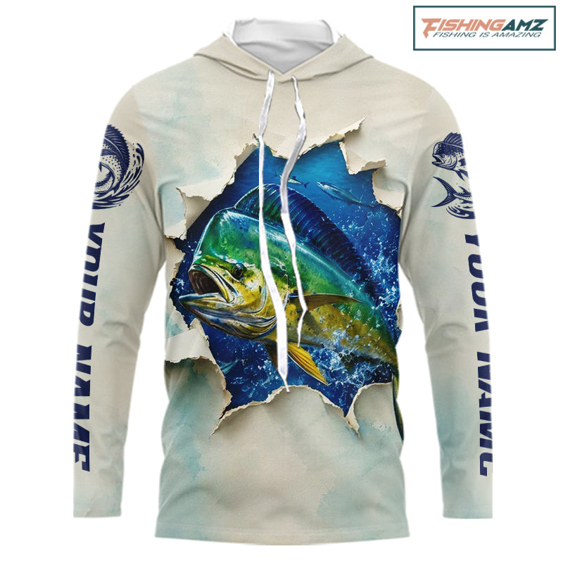 Mahi Mahi Fishing Long Sleeve Hooded Shirt 3D Ocean Fish Graphic Angler Gift For Fishing Lovers