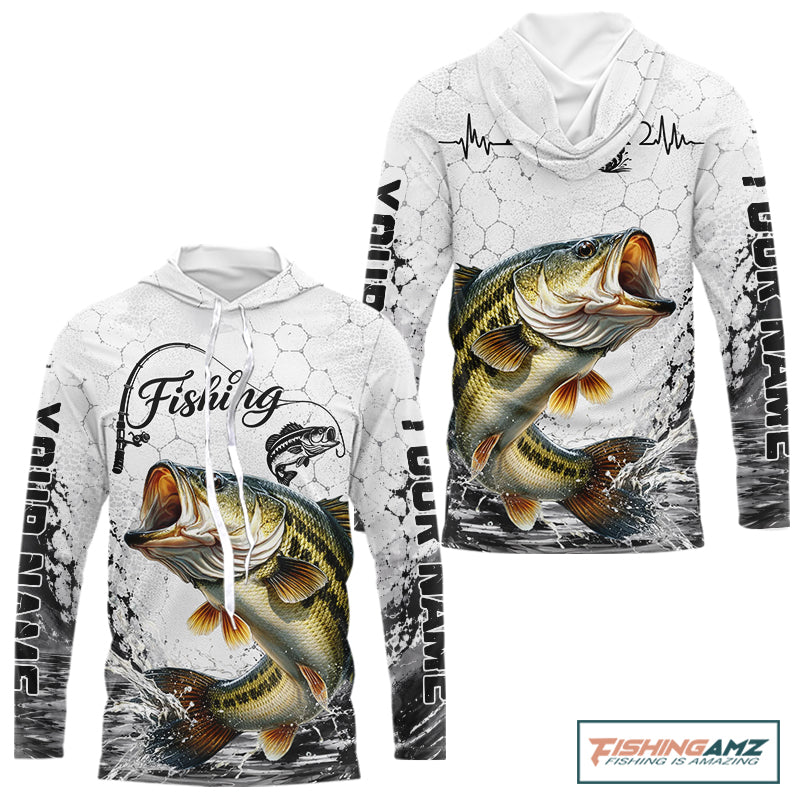 Custom Name Bass Fishing Long Sleeve Hooded Performance Shirt, Bass Gift For Men