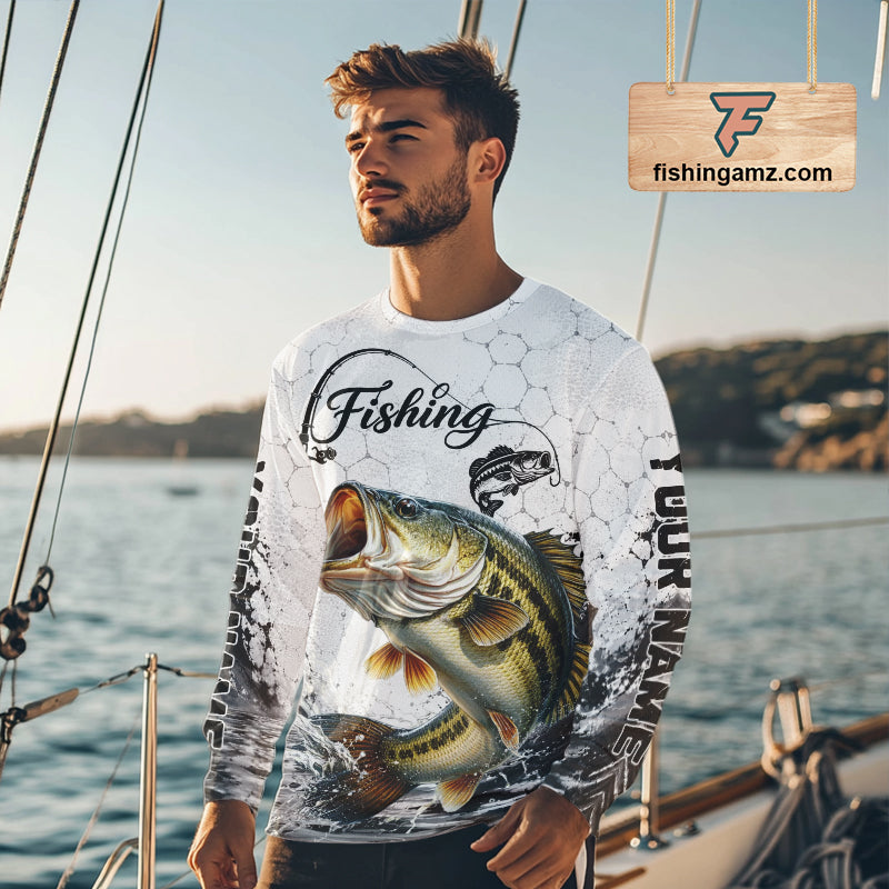Custom Name Bass Fishing Long Sleeve Performance Shirt, Bass Gift For Men