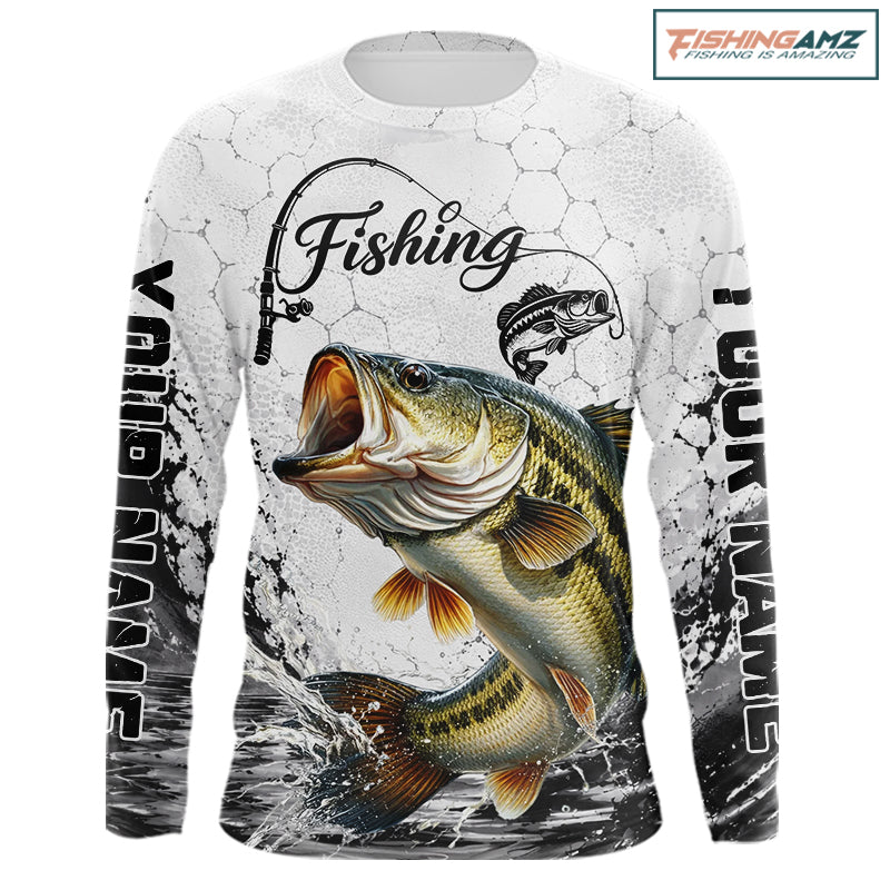 Custom Name Bass Fishing Long Sleeve Performance Shirt, Bass Gift For Men
