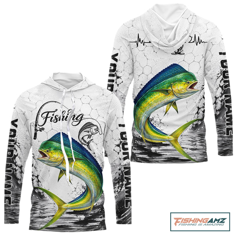 Custom Name Mahi Mahi Fishing Long Sleeve Hooded Performance Shirt, Dolphin Gift For Men