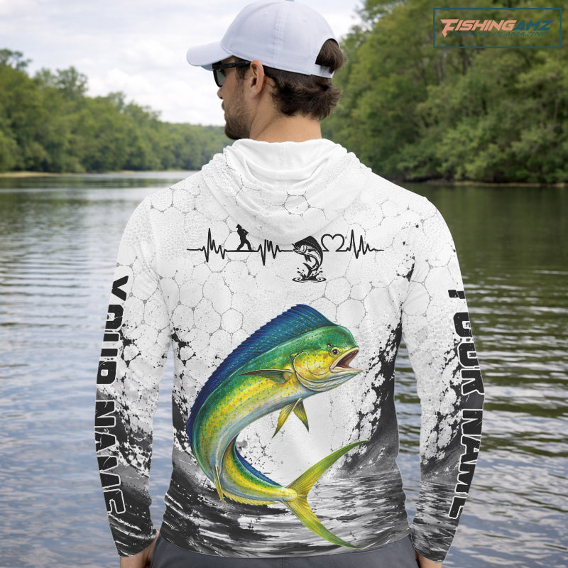 Custom Name Mahi Mahi Fishing Long Sleeve Hooded Performance Shirt, Dolphin Gift For Men