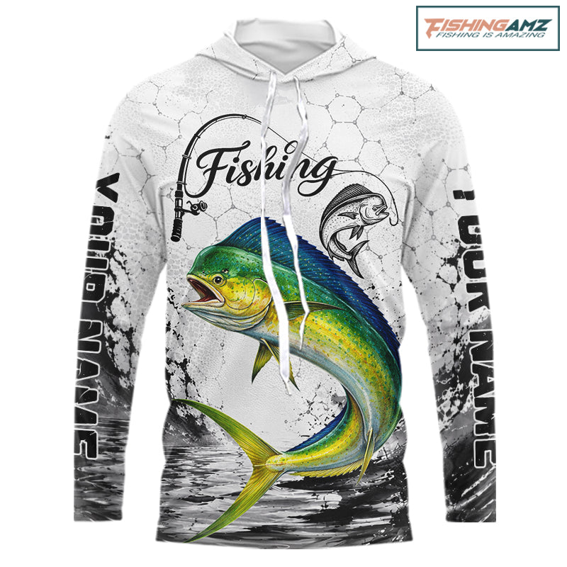 Custom Name Mahi Mahi Fishing Long Sleeve Hooded Performance Shirt, Dolphin Gift For Men