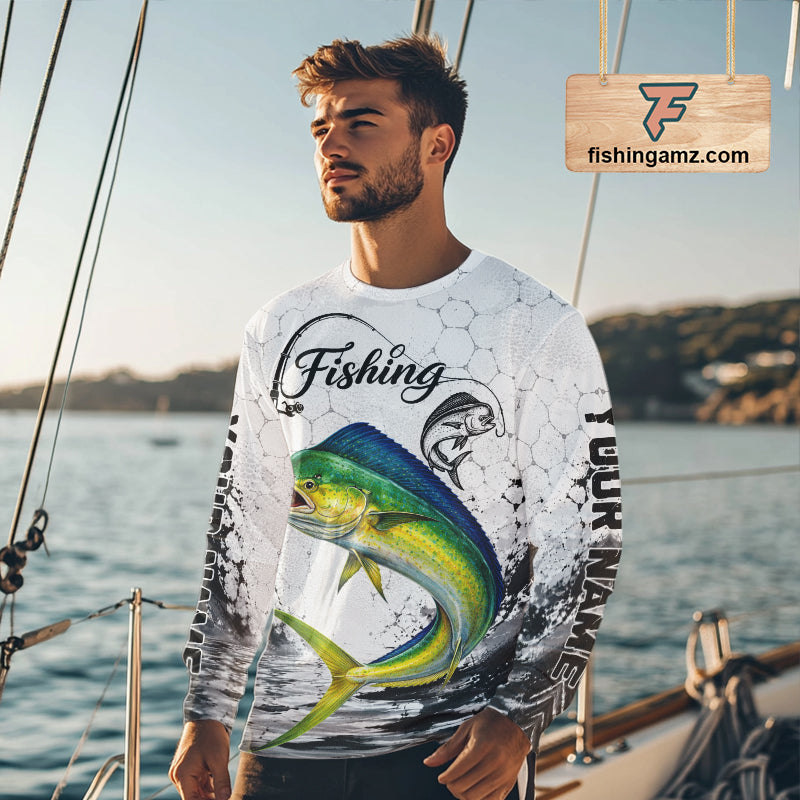 Custom Name Mahi Mahi Fishing Long Sleeve Performance Shirt, Dolphin Gift For Men