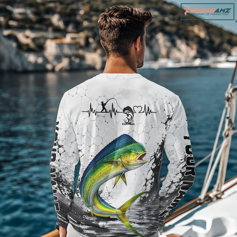 Custom Name Mahi Mahi Fishing Long Sleeve Performance Shirt, Dolphin Gift For Men