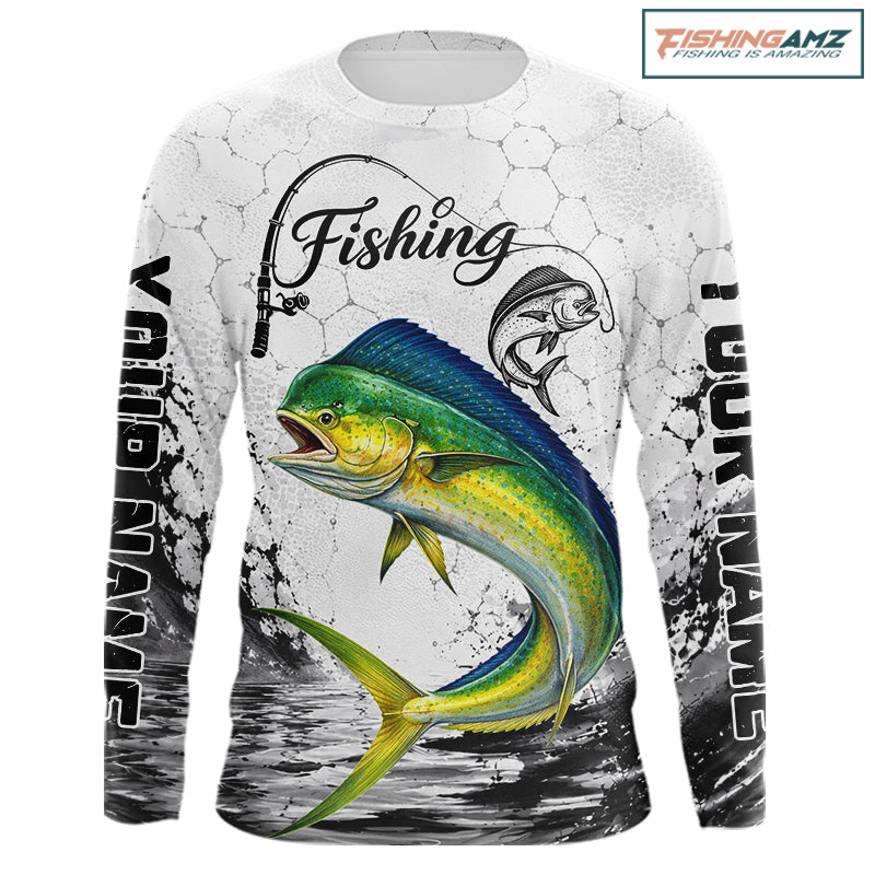 Custom Name Mahi Mahi Fishing Long Sleeve Performance Shirt, Dolphin Gift For Men