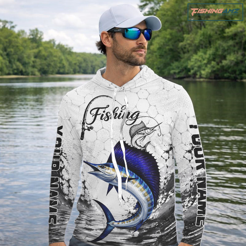 Custom Name Sailfish Fishing Long Sleeve Hooded Performance Shirt, Sailfish Gift For Men
