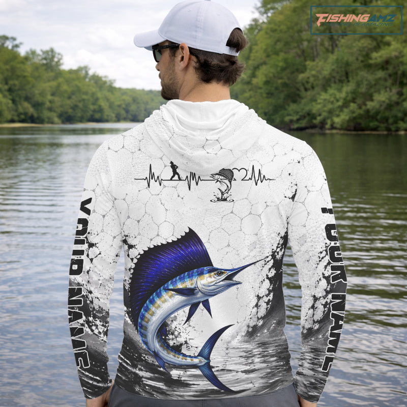 Custom Name Sailfish Fishing Long Sleeve Hooded Performance Shirt, Sailfish Gift For Men