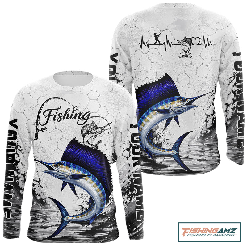 Design Saltwater Fishing shirt Custom Name Sailfish Fishing Long Sleeve Performance Shirt, Sailfish Gift For Men