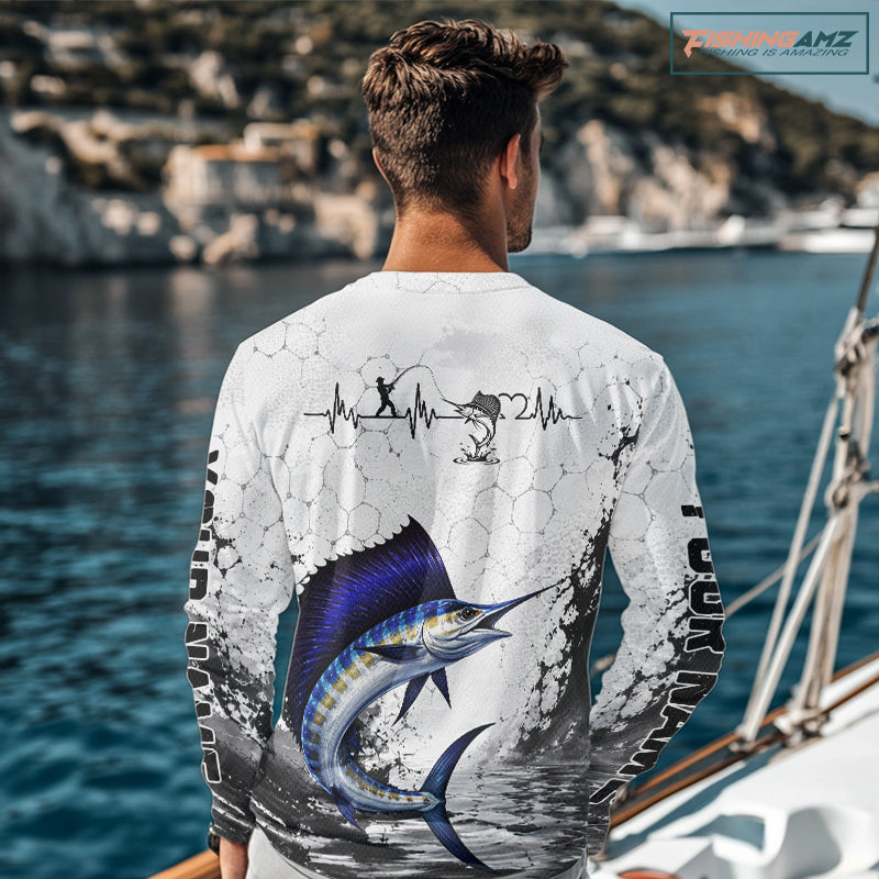 Design Saltwater Fishing shirt Custom Name Sailfish Fishing Long Sleeve Performance Shirt, Sailfish Gift For Men