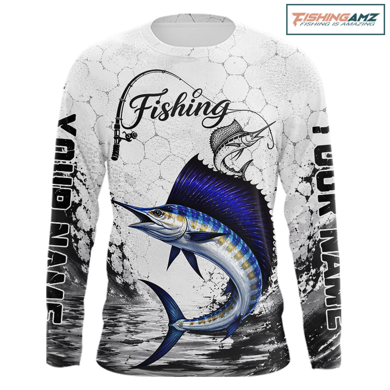 Design Saltwater Fishing shirt Custom Name Sailfish Fishing Long Sleeve Performance Shirt, Sailfish Gift For Men