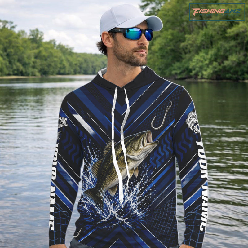 Blue Largemouth Bass Hooded Fishing Shirt Long Sleeve, Personalized Fishing Jersey, Custom Team Fishing Apparel NHT1581