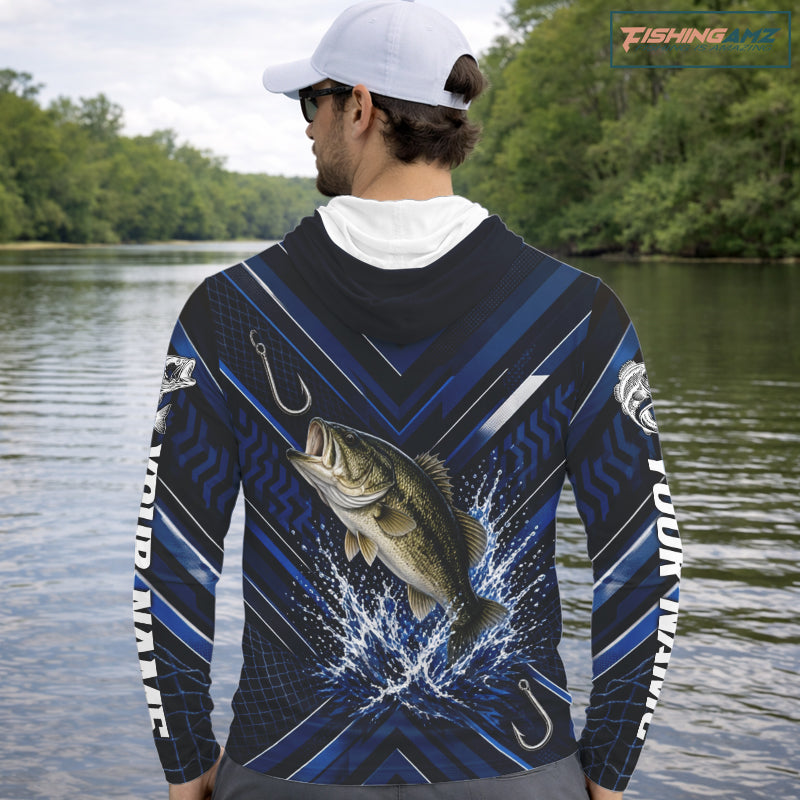 Blue Largemouth Bass Hooded Fishing Shirt Long Sleeve, Personalized Fishing Jersey, Custom Team Fishing Apparel NHT1581