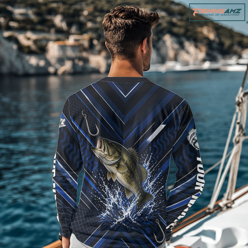 Blue Largemouth Bass Fishing Shirt Long Sleeve, Personalized Fishing Jersey, Custom Team Fishing Apparel NHT1581