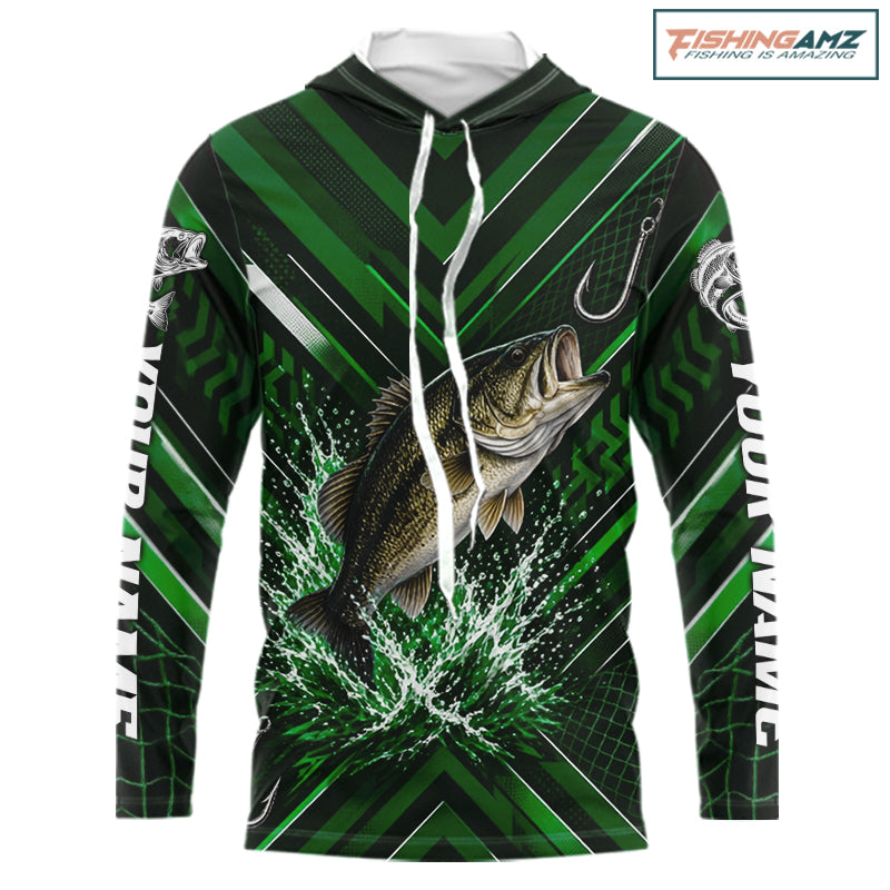 Green Largemouth Bass Hooded Fishing Shirt Long Sleeve, Personalized Fishing Jersey, Custom Team Fishing Apparel NHT1582