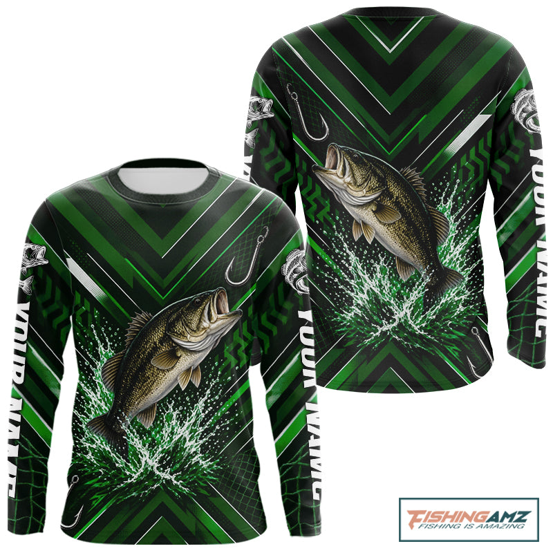 Green Largemouth Bass Fishing Shirt Long Sleeve, Personalized Fishing Jersey, Custom Team Fishing Apparel NHT1582