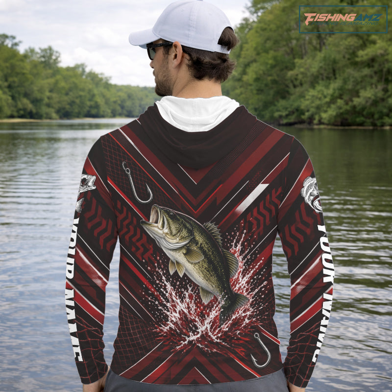 Red Largemouth Bass Hooded Fishing Shirt Long Sleeve, Personalized Fishing Jersey, Custom Team Fishing Apparel NHT1583