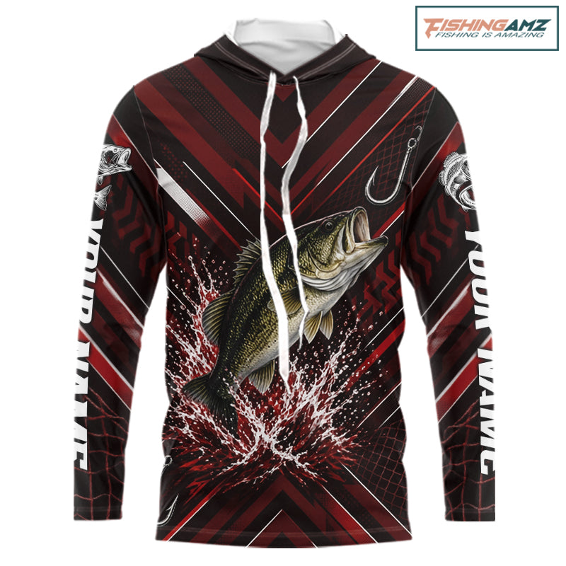 Red Largemouth Bass Hooded Fishing Shirt Long Sleeve, Personalized Fishing Jersey, Custom Team Fishing Apparel NHT1583