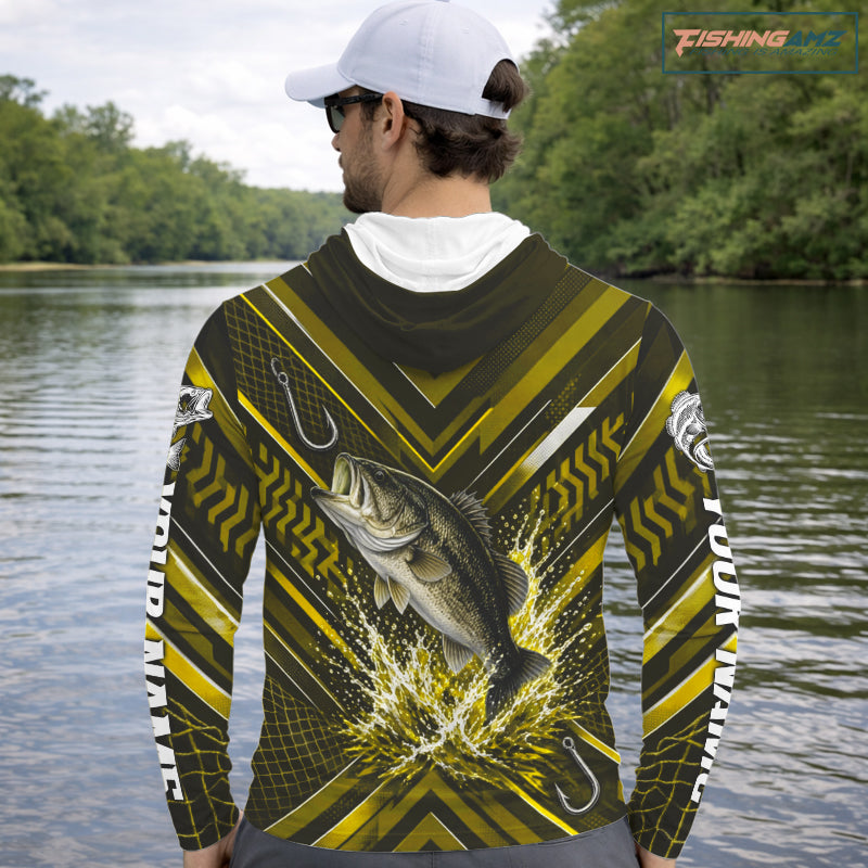 Yellow Largemouth Bass Hooded Fishing Shirt Long Sleeve, Personalized Fishing Jersey, Custom Team Fishing Apparel NHT1584