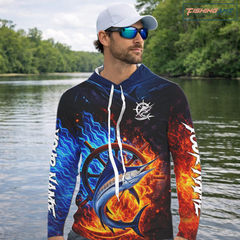 Marlin Fishing Shirt Long Sleeve Hooded Blue Fire Flame Smoke Personalized Name, Best Fishing Gift NHT427