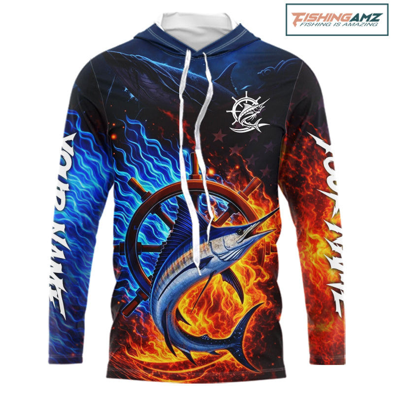 Marlin Fishing Shirt Long Sleeve Hooded Blue Fire Flame Smoke Personalized Name, Best Fishing Gift NHT427