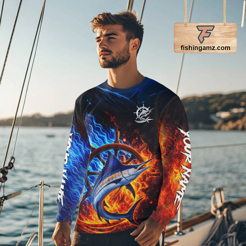 Marlin Fishing Shirt Long Sleeve Blue Fire Flame Smoke Personalized Name, Best Fishing Gift NHT427