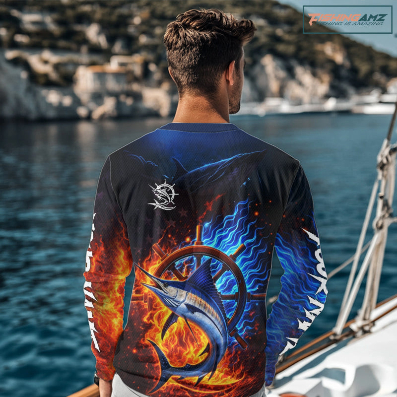 Marlin Fishing Shirt Long Sleeve Blue Fire Flame Smoke Personalized Name, Best Fishing Gift NHT427