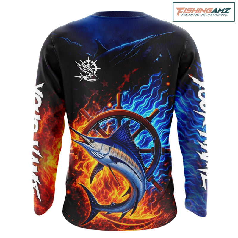 Marlin Fishing Shirt Long Sleeve Blue Fire Flame Smoke Personalized Name, Best Fishing Gift NHT427