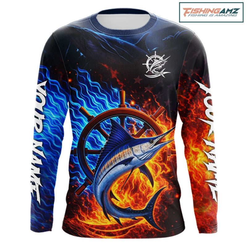 Marlin Fishing Shirt Long Sleeve Blue Fire Flame Smoke Personalized Name, Best Fishing Gift NHT427