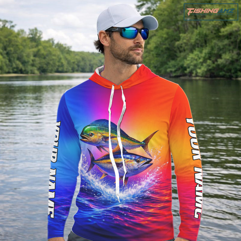 Personalized Mahi Mahi, Tuna Neon Performance Hooded Fishing Shirt, Offshore Tournament Shirts NHT599