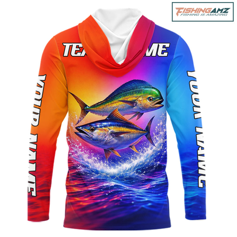 Personalized Mahi Mahi, Tuna Neon Performance Hooded Fishing Shirt, Offshore Tournament Shirts NHT599