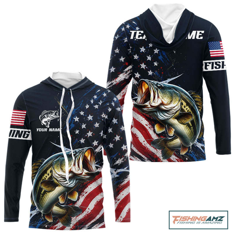 Bass Fishing Shirt Long Sleeve Hooded USA Flag, Custom Name Jersey