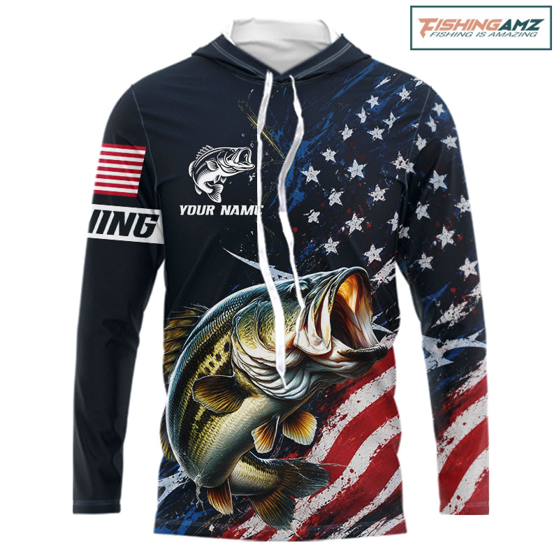 Bass Fishing Shirt Long Sleeve Hooded USA Flag, Custom Name Jersey