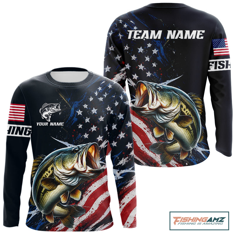 Bass Fishing Shirt Long Sleeve USA Flag, Custom Name Jersey