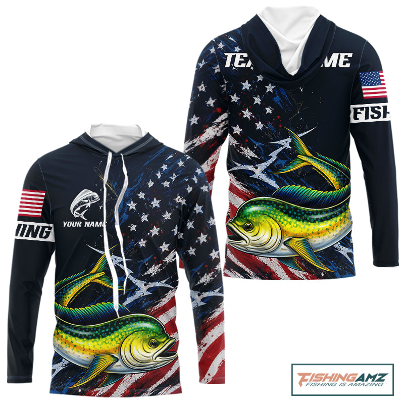 Mahi Mahi Fishing Shirt Long Sleeve Hooded USA Flag Custom Name Jersey
