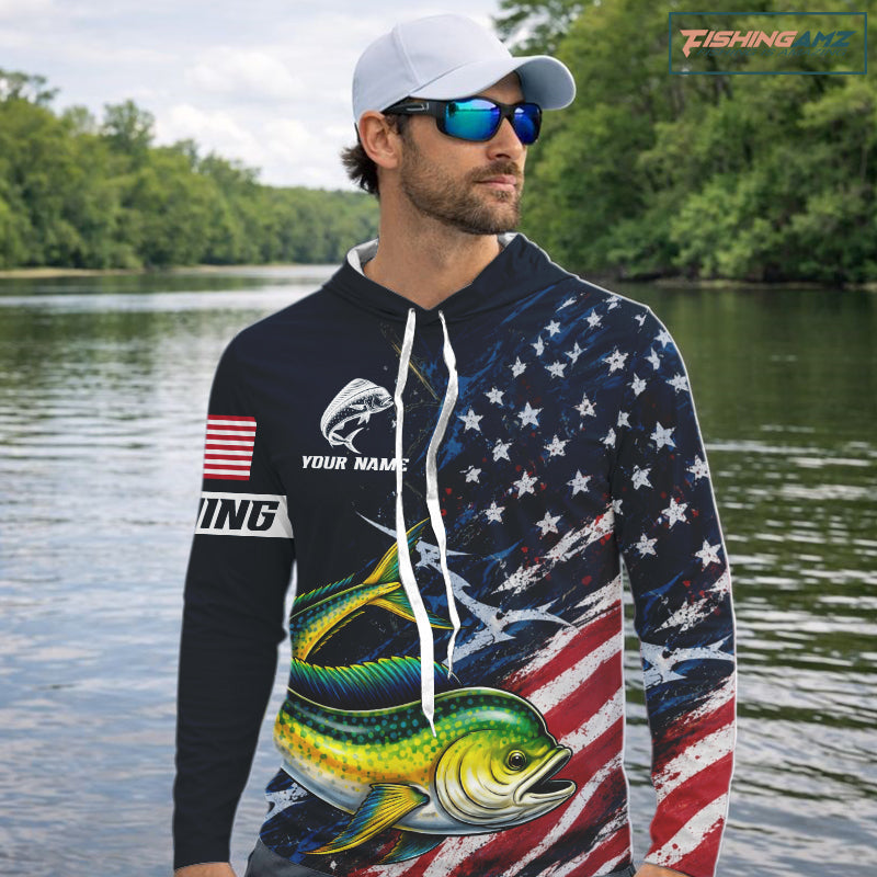 Mahi Mahi Fishing Shirt Long Sleeve Hooded USA Flag Custom Name Jersey
