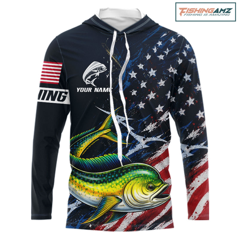 Mahi Mahi Fishing Shirt Long Sleeve Hooded USA Flag Custom Name Jersey