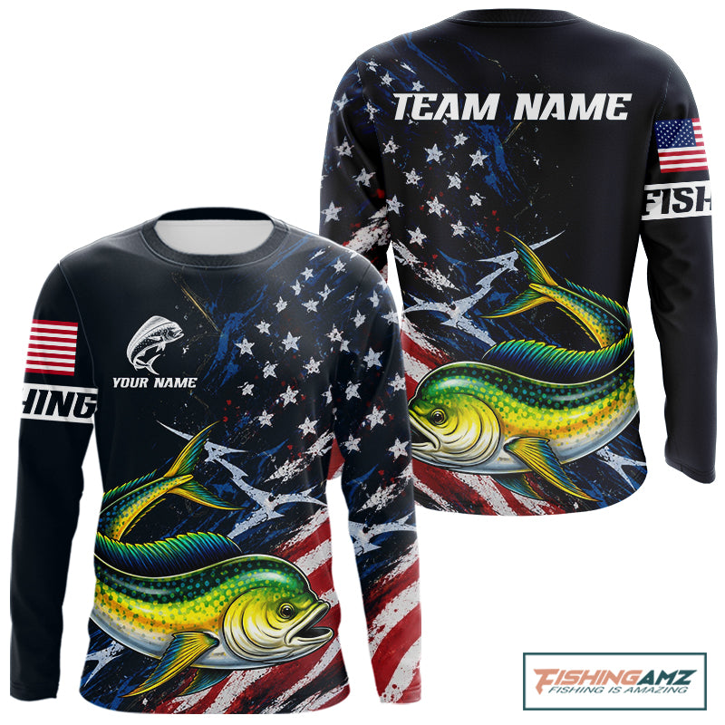 Mahi Mahi Fishing Shirt Long Sleeve USA Flag Custom Name Jersey