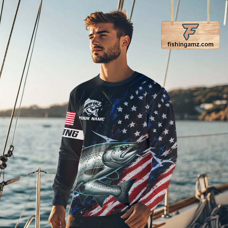 Chinook Salmon Long Sleeve Fishing Shirt USA Flag Camo, Custom