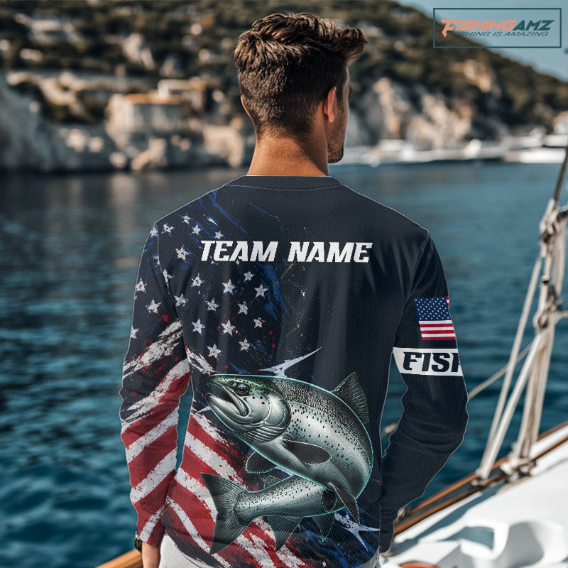 Chinook Salmon Long Sleeve Fishing Shirt USA Flag Camo, Custom