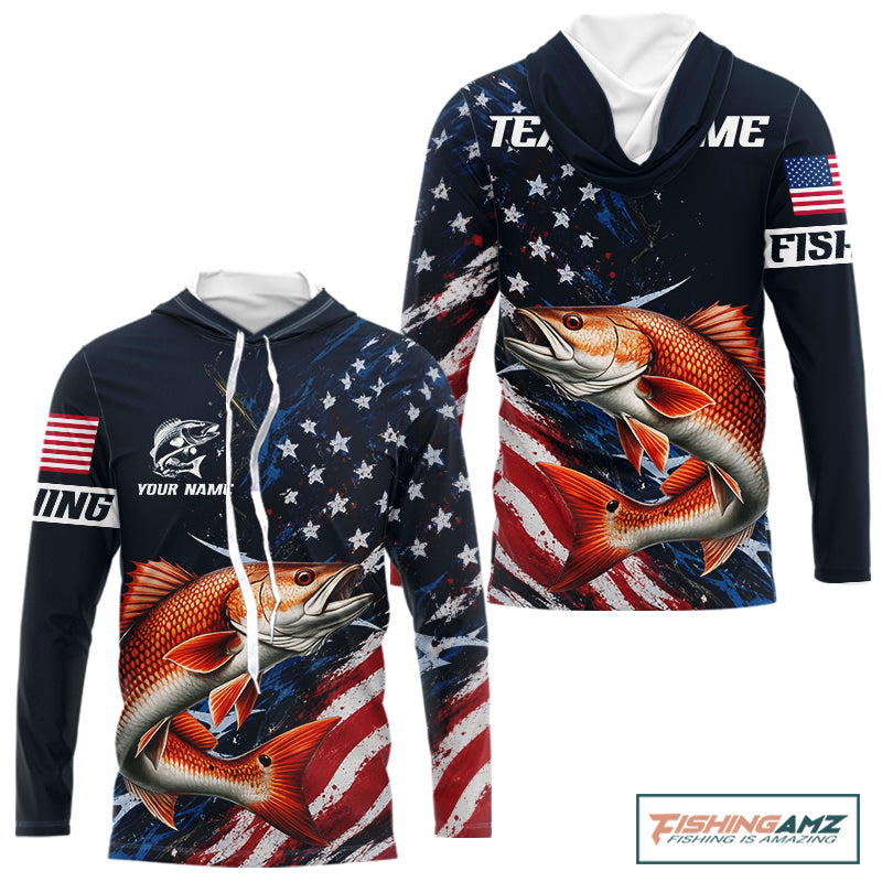 Redfish Fishing Shirt Long Sleeve Hooded USA Flag Camo, Custom Name