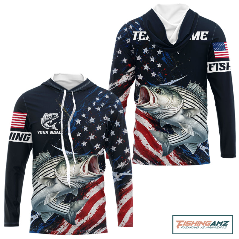 Striped Bass Fishing Shirt Long Sleeve Hooded USA Flag Camo, custom name